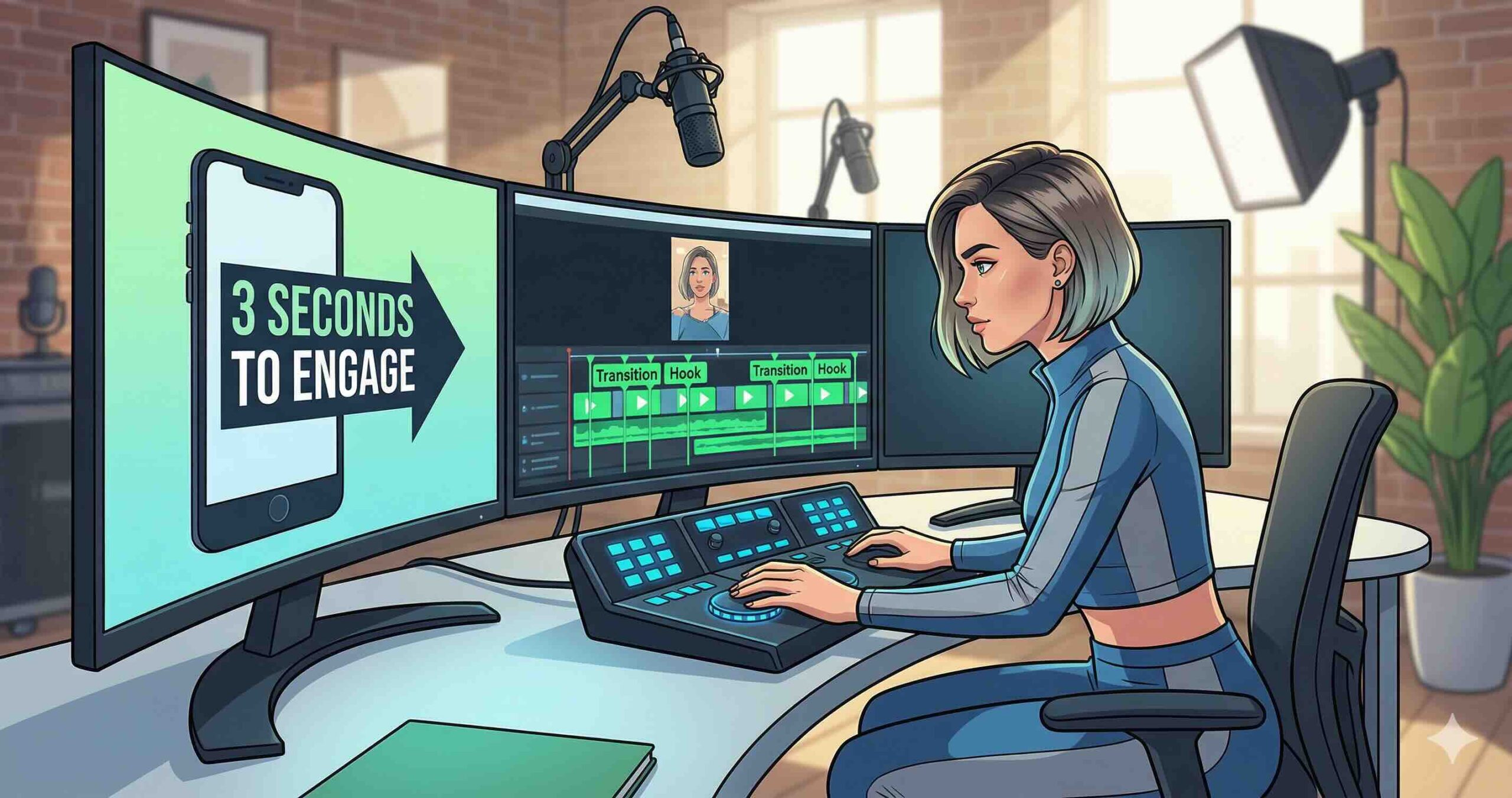 A professional content creator in a studio setting, focused on editing a high-energy social media video with clear transitional hooks highlighted.